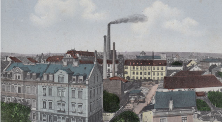 Fries & Höpflinger vor 1911. Am Horizont rechts die Altstadt. Vorne Wohnhäuser der südlichen Cramerstraße, dahinter die südliche Sattlerstraße. Das Areal wurde später zum VKF Werk 1 vereint, unter Einbeziehung der beiden südlichen Straßenabschnitte