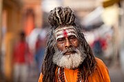 A Hindu ascetic in Varanasi, Uttar Pradesh. Uttar Pradesh has the highest numbers of both Hindus and Muslims among all states.[9] Its proportions by religion in 2011 were Hindus 79.73%, Muslims 19.26%, others 1.01% .[10]