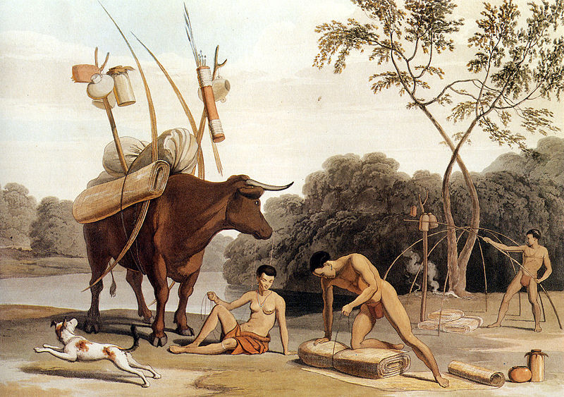 "Khoikhoi dismantling their huts, preparing to move to new pastures," "Aquatint by Samuel Daniell (1805)." 