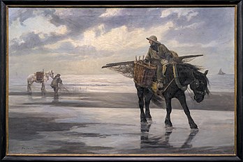 Pêcheur de crevettes à Nieuport, huile sur toile de Jean Delvin (1883, musée des Beaux-Arts de Gand). (définition réelle 4 244 × 2 839)