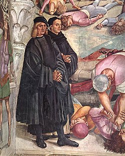 Luca Signorelli: Utolsó ítélet (részlet) Luca Signorelli saját alakja mellett látható Fra Angelico portréja, Duomo, Orvieto