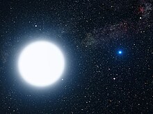 Artist's impression of the Sirius system, a white dwarf star in orbit around an A-type main-sequence star Sirius A and B artwork.jpg