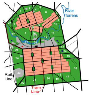 The city of Adelaide, South Australia was laid out in a grid, surrounded by gardens and parks. Streetmap of Adelaide and North Adelaide.png
