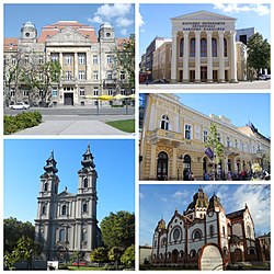 Fentről lefele, jobbról balra: az Ivan Sarić (Szárits János) Műszaki Iskola, a Népszínház, a Adolf Halbror Hotel, a szabadkai zsinagóga és a Szent Teréz-székesegyház