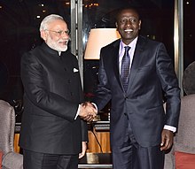 Ruto with Indian Prime Minister Narendra Modi in 2016 The Prime Minister, Shri Narendra Modi being seen off by the Deputy President of Kenya, Mr. William Ruto, at Jomo Kenyatta International Airport, in Nairobi, Kenya on July 11, 2016.jpg