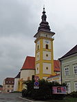 Tower of church of Saint Giles in Moravské Budějovice, Třebíč District.JPG