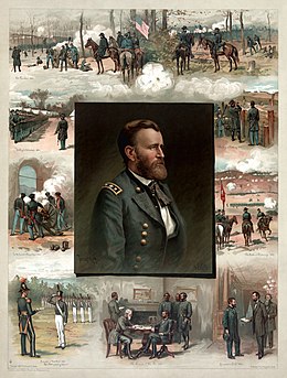 Clockwise from lower left: Graduated at West Point 1843; Chapultepec 1847; Drilling his Volunteers 1861; Fort Donelson 1862; Shiloh 1862; Vicksburg 1863; Chattanooga 1863; Commander-in-Chief 1864; Lee's Surrender 1865 Ulysses S. Grant from West Point to Appomattox.jpg