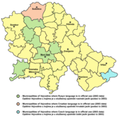 Mapa Vojvodiny, provincie Srbska, s češtinou v oficiálním použití v jedné jihovýchodní obci