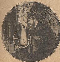 潜水艦の潜望鏡接眼部とそれを覗き込む人物（第一次世界大戦）