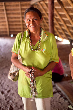 Ña Silvia, spiritual leader of Pai Tavytera Indians in Amambay, inside traditional guarani hut.jpg