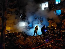 An apartment block in Kyiv (Oleksandr Koshyts Street) after shelling, 25 February Zhitlovii budinok u Kiievi (vul. Koshitsia) pislia obstrilu.jpg