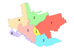 Administrative map of Zaporizhia; the Zavodskyi Raion is indicated by the number 2.