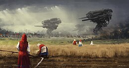 A painting by Jakub Rozalski depicts an alternate history of the 1920s, in which rural peasants must contend with giant mechanical walking tanks. 1920 - before the storm.jpg