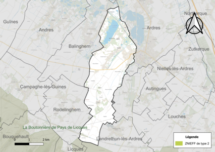 Carte de la ZNIEFF de type 2 sur la commune.