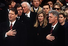 Vice President Gore and President Clinton during the second inauguration of Bill Clinton, January 20, 1997 Bill Clinton & Al Gore sing national anthem at 1997 inauguration.JPG