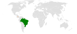 Mapo indikante lokojn de Brazilo kaj Kostariko