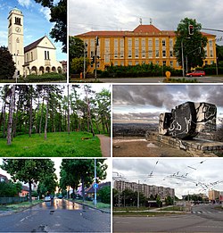 Městská část Brno-Židenice • Vlevo 1: Kostel svatého Cyrila a Metoděje • Vlevo 2: Lesopark Akátky • Vlevo 3: Vančurova ulice • Vpravo 1: Základní škola Gajdošova 3 • Vpravo 2: Památník dělnického hnutí na Bílé hoře • Vpravo 3: Panelové sídliště na Staré osadě