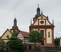 The Protestant (left) and Catholic (right) churches in the Baroque style in Burghaun