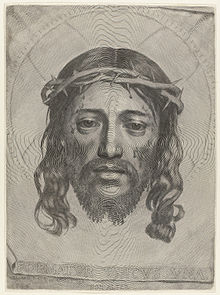 Sudarium of Saint Veronica by Claude Mellan (1649), a famous showpiece where the image is formed by a single continuous line, starting on the tip of Jesus' nose Claude Mellan - Face of Christ - WGA14764.jpg