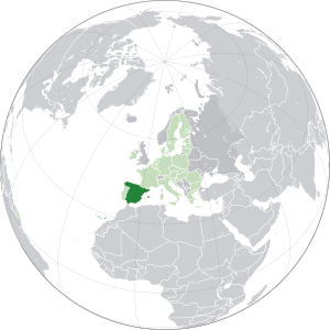 Расположение Испании (тёмно-зелёный): — в Европе (светло-зелёный и тёмно-серый) — в Европейском союзе (светло-зелёный)