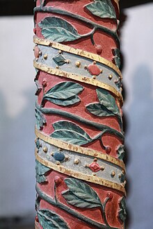 Detail of polychromed carving on Baldachin pillar