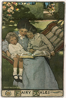A mother reads to her children, depicted by Jessie Willcox Smith in a cover illustration of a volume of fairy tales written in the mid to late 19th century. Fairy Tales (Boston Public Library).jpg