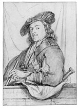 Autoportrait, dessin de Govert Flinck (1643, Klassik Stiftung Weimar (de)). Fortement inspiré de la composition de l'eau-forte de 1639 (B. 21)[122].