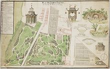 Plan en couleurs de la partie nord du parc, la plus belle. En bas à droite la Folie, au bord gauche la Seine, route de Bagatelle à Neuilly se trouve verticalement vers le milieu, des massifs et plans d’eau tout en courbes de chaque côté, jardin aux formes géométriques en haut.