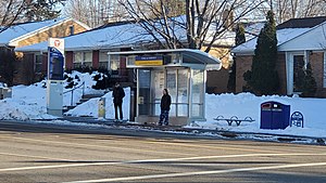 Two passengers wait at a bus shelter on a clear day with snow on the ground