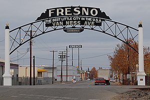 a foggy day at the Van Ness Avenue Arch. Fresn...