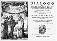 Frontispiece and title page of Galileo's Dialogue, in which Galileo advocated heliocentrism Galileos Dialogue Title Page.png