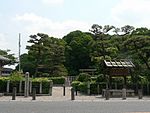 Torii gate among trees near a street.