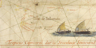Close-up of the 1622 Map of the Pacific by Hessel Gerritsz showing among others Goede hoop Elt (Niuafo'ou, Cocos Eylandt (Tafahi) and Verraders eylandt (Niuatoputapu). It is one of the earliest maps where those island are drawn. Hessel Gerritsz 1622 map of the Pacific - closeup 'Illas de Salomon'.png