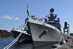 INS Sahyadri and KDB Darulaman at Fleet Base East, Australia on 7 October 2013.