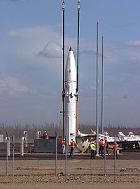 A Ground-Based Interceptor, designed to destroy incoming Intercontinental ballistic missiles, is lowered into its silo at the missile defence complex at Fort Greely, Alaska, July 22, 2004. Interceptor Missile.jpg