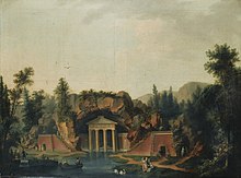 Peinture (huile sur toile d’avant 1795, 96 x 128 cm) montrant le grand Rocher et des gens se promenant et sur une barque sur le bassin devant celui-ci.