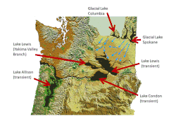 Figuro montranta topografajn mapojn de Washington kaj norda Oregono kun la malaltebenaĵo inundita fare de la Missoula Inundo markis.