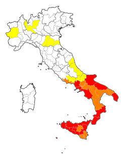 The incidence of Pizzo (extortion) by organised crime across Italy's provinces. Mappa del Pizzo.svg