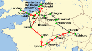 Simplified chart of a sector of western Europe and southern England. A green arrowed line shows the party's outward journey from Salzburg to London via Mannheim, Cologne, Liege, Brussels and Paris. A red line indicates the return via the Netherlands, Paris, Lyons, Geneva and Zurich.