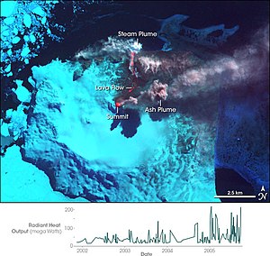 Графічне зображення виверження гори Белінда (23 вересня 2005). Колір відображає радіант тепла у мегаватах