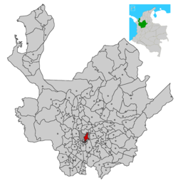 Location of the city (urban in red) and municipality (dark gray) of Medellín in Antioquia Department.