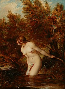Peinture d'une femme nue se baignant dans une rivière