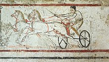 A Lucani man riding a chariot, from a tomb in Paestum, Italy, 4th century BC Paestum BW 2013-05-17 15-49-10 DxO.jpg