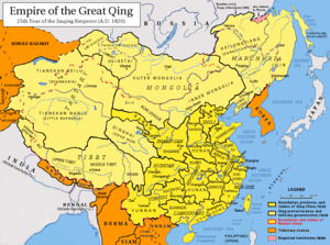 The Qing dynasty in c. 1820, with provinces in yellow, military governorates and protectorates in light yellow, tributary states in orange Qing Dynasty 1820.png