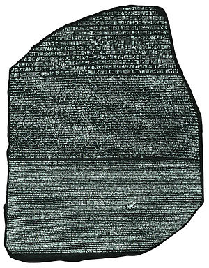 A picture of the Rosetta Stone, in a high cont...