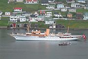 HDMY Dannebrog, the Danish royal yacht named after the national flag and operated by the Royal Danish Navy, in Vagur, Faroe Islands on 21 June 2005.