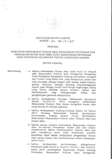 Surat Keputusan Bupati Kampar Nomor 660-491/X/2018 tentang Penetapan Masyarakat Hukum Adat Kenegerian Petapahan dan Pengakuan Hutan Adat Imbo Putui Kenegerian Petapahan Desa Petapahan Kecamatan Tapung Kabupaten Kampar