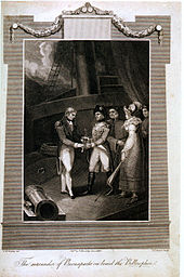 Gravure montrant Napoléon remettant son épée en signe de reddition à Maitland.