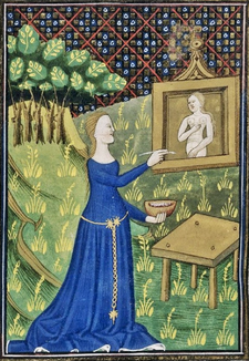 Timareté maluje bohyni Dianu francouzský ilumnovaný rukopis ze 14. století