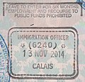 British entry stamp issued by the UK Border Force at the Port of Calais.